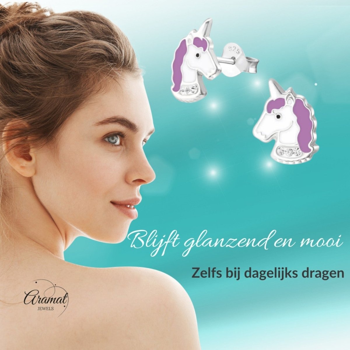 925 Zilveren Unicorn Oorbellen Wit Paars Kristal - Eenhoorn Studs - Aramat Jewels - Oorbellen - cadeautip