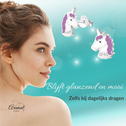 925 Zilveren Unicorn Oorbellen Wit Paars Kristal - Eenhoorn Studs - Aramat Jewels - Oorbellen - cadeautip