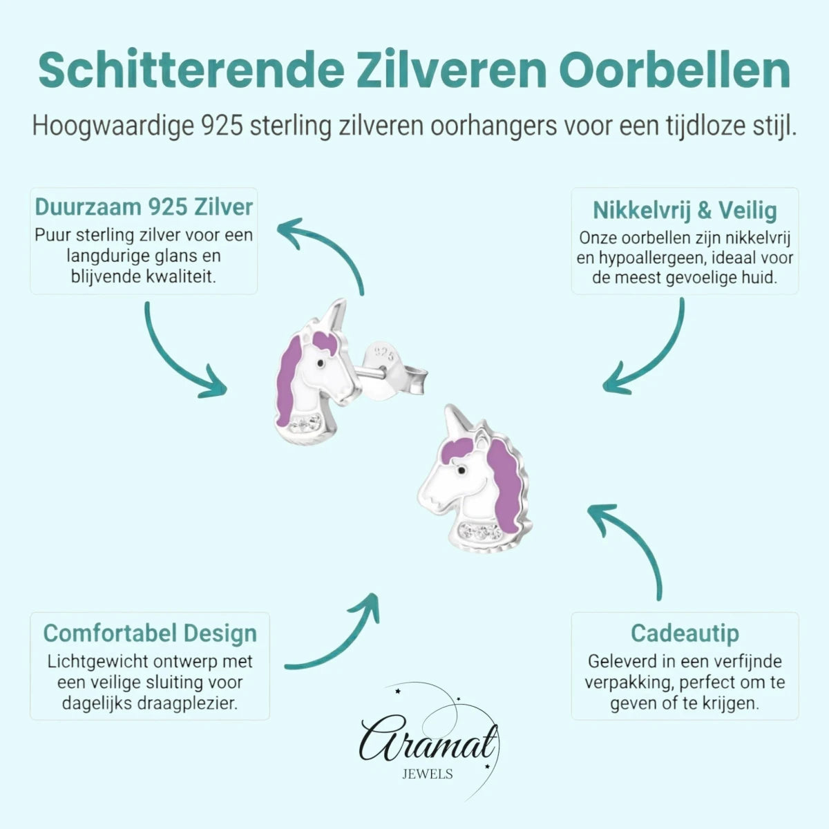 925 Zilveren Unicorn Oorbellen Wit Paars Kristal - Eenhoorn Studs - Aramat Jewels - Oorbellen - cadeautip