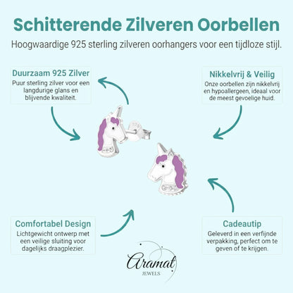 925 Zilveren Unicorn Oorbellen Wit Paars Kristal - Eenhoorn Studs - Aramat Jewels - Oorbellen - cadeautip