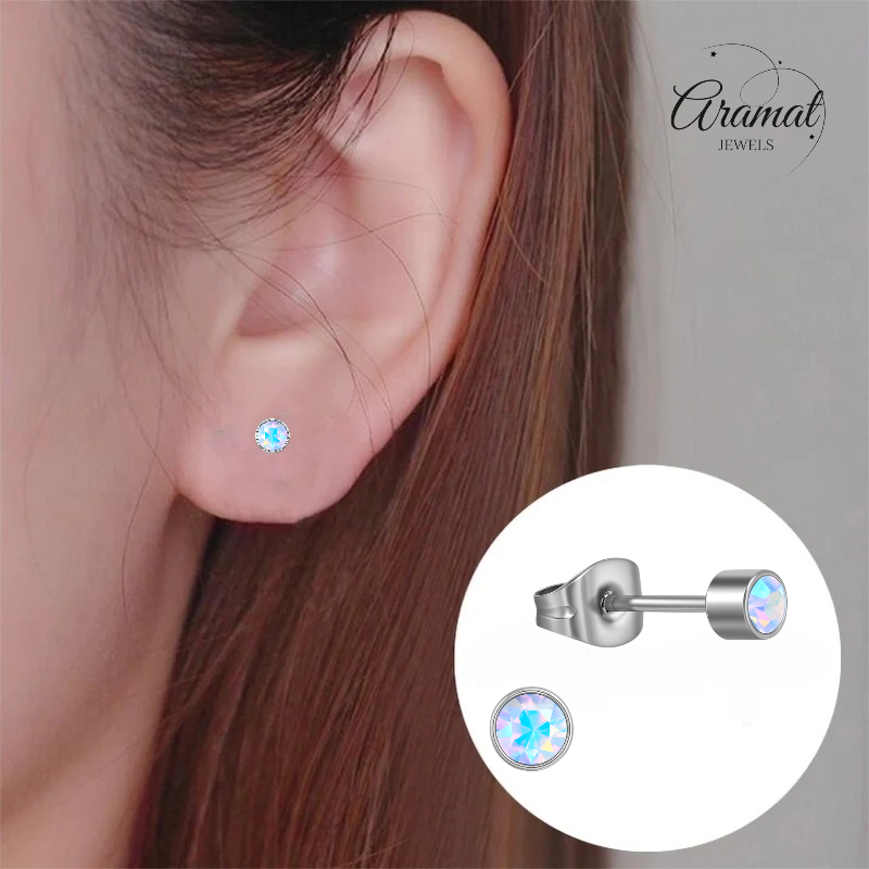 Boucles d'oreilles puces en cristal AB transparentes – 4 mm argent