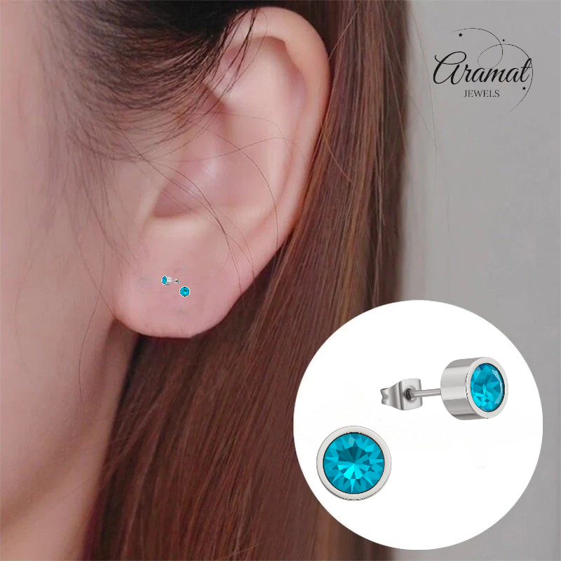 Boucles d'oreilles puces en cristal bleu turquoise – 5 mm en acier inoxydable argenté