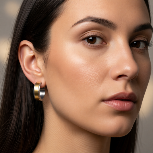 Stainless Steel Bicolor Huggie Hoop Earrings Wide Stripe 20mm - Gold Silver Unisex