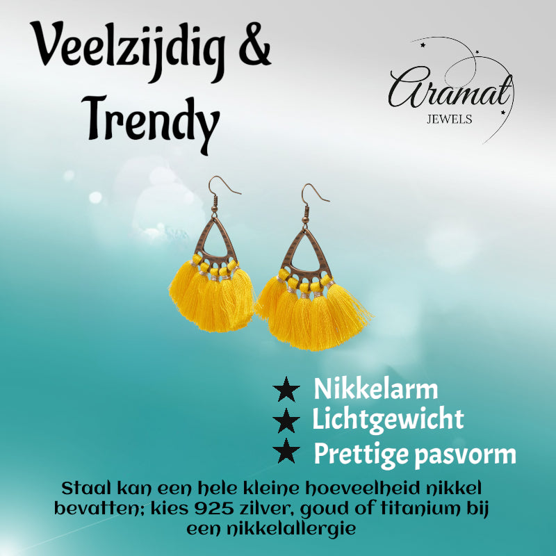 Boucles d'oreilles bohèmes à pompons jaunes 55 x 30 mm