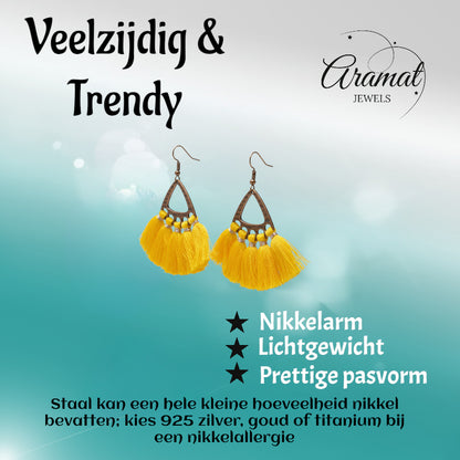 Boucles d'oreilles bohèmes à pompons jaunes 55 x 30 mm