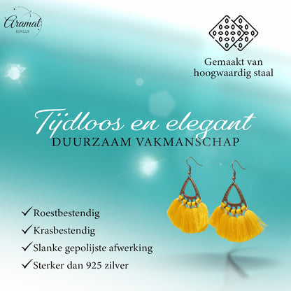 Boucles d'oreilles bohèmes à pompons jaunes 55 x 30 mm