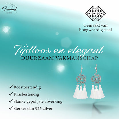 Boucles d'oreilles bohèmes d'été à pompons blancs 75 mm