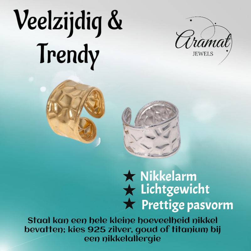 Brede Verstelbare Damesring met Geometrisch Design - 15mm RVS