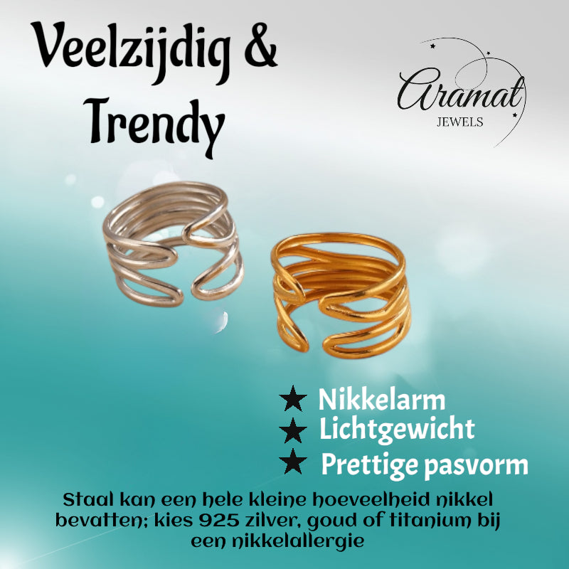 Brede One Size Ring RVS met Modern Lijnenspel (14 mm)