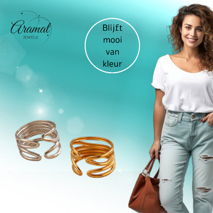 Brede One Size Ring RVS met Modern Lijnenspel (14 mm)