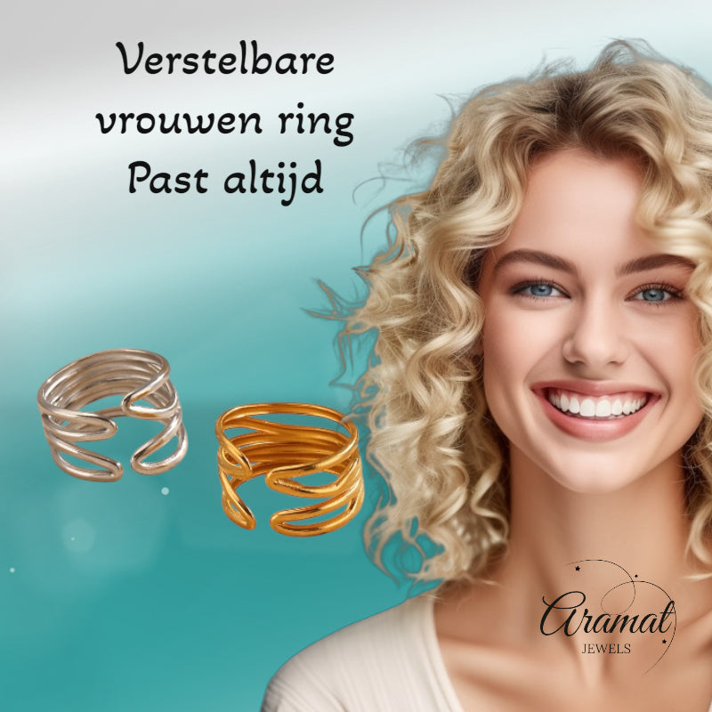 Brede One Size Ring RVS met Modern Lijnenspel (14 mm)