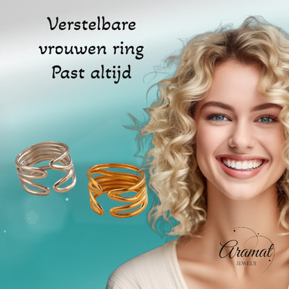 Brede One Size Ring RVS met Modern Lijnenspel (14 mm)