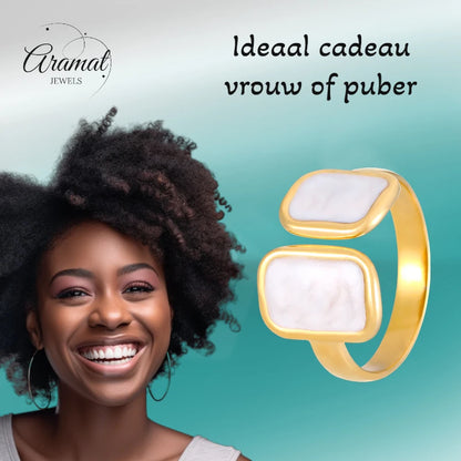 Open Ring RVS 2 Rechthoeken Emaille - 13mm - Parel Wit