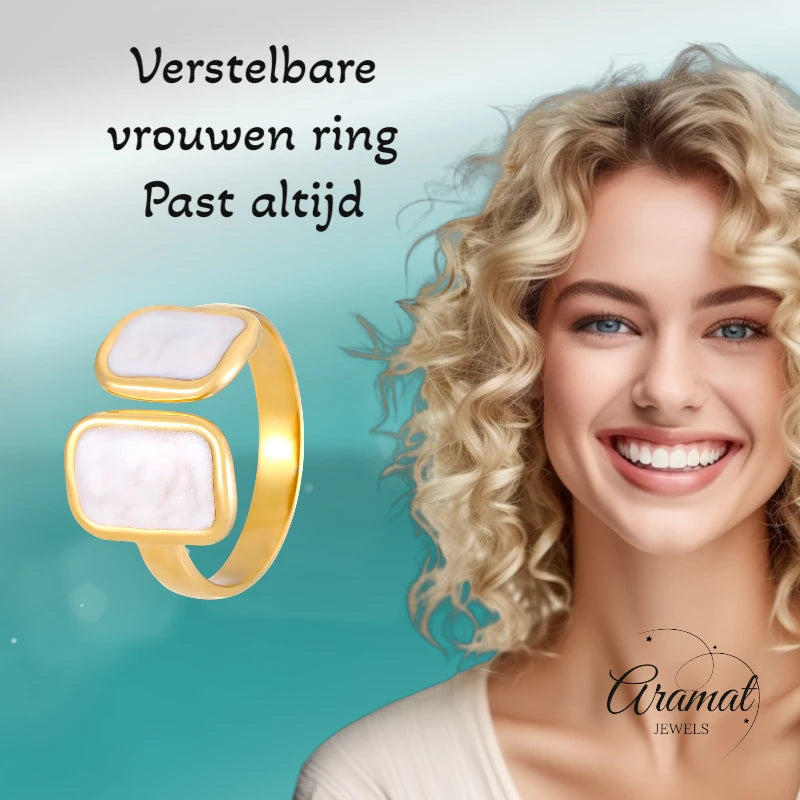 Open Ring RVS 2 Rechthoeken Emaille - 13mm - Parel Wit
