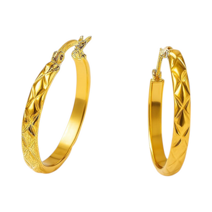 Stainless Steel Hoop Earrings Checkered Gold Color 30mm - Large Hoop Earrings