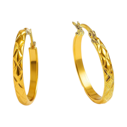 Stainless Steel Hoop Earrings Checkered Gold Color 30mm - Large Hoop Earrings