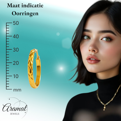 Stainless Steel Hoop Earrings Checkered Gold Color 30mm - Large Hoop Earrings