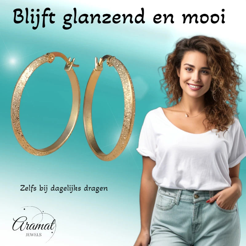 Goudkleurige Matte RVS Oorringen Sandblasted - 32 mm