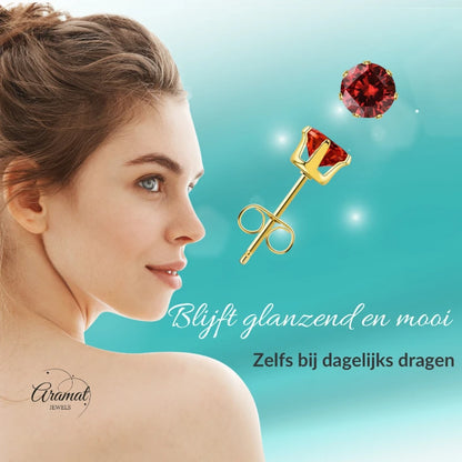 Goudkleurige RVS Oorstekers met Rode Zirkonia - vanaf 3 mm