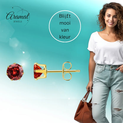 Goudkleurige RVS Oorstekers met Rode Zirkonia - vanaf 3 mm