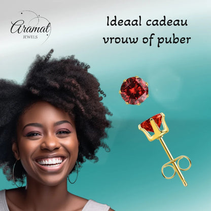 Goudkleurige RVS Oorstekers met Rode Zirkonia - vanaf 3 mm