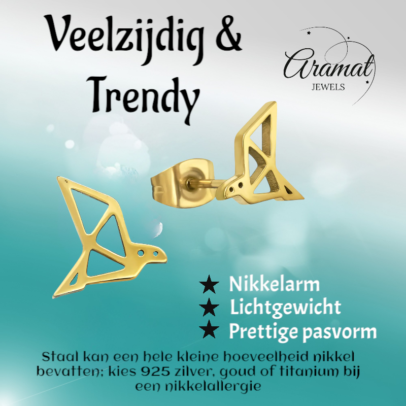 Stainless Steel Gold-Colored Bird Earrings Origami