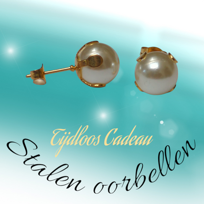 Gold-colored Steel Pearl Earrings 9mm