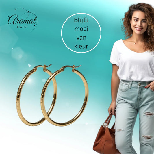 Gold-Colored Striped Hoop Earrings - 40mm