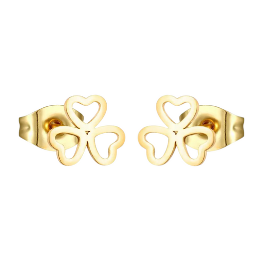 Gold-colored three-leaf clover stud earrings – 8mm