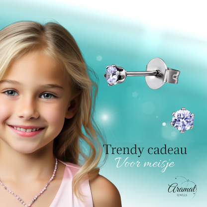 Silver-colored Zirconia Earrings 3mm Purple