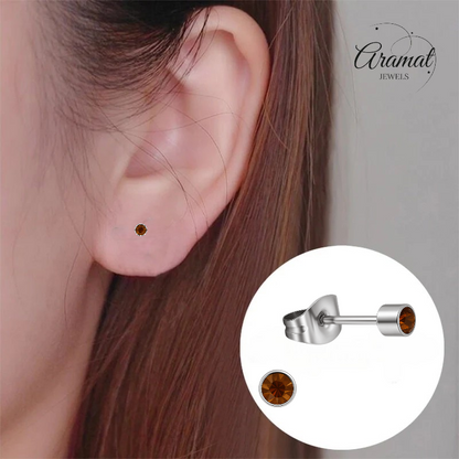 Mini boucles d'oreilles puces en cristal topaze brun – 3 mm en acier inoxydable