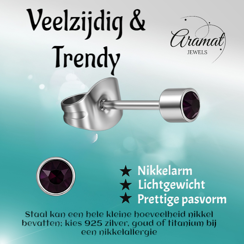 Boucles d'oreilles puces en cristal violet mini – 3 mm élégantes