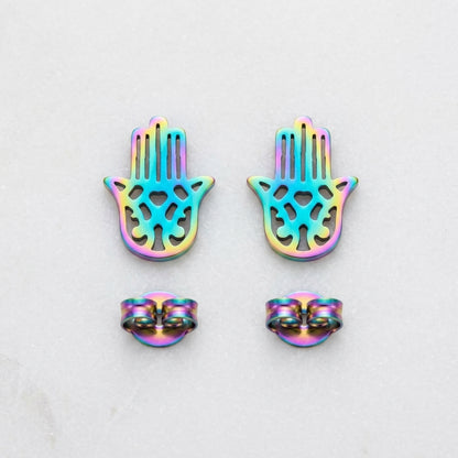 Multikleur Hamsa Oorstekers RVS – Regenboog Handje van Fatima (9x8mm)