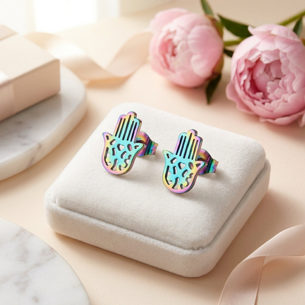Multikleur Hamsa Oorstekers RVS – Regenboog Handje van Fatima (9x8mm)