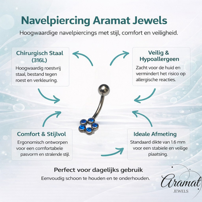 Piercing nombril en acier avec zircon bleu saphir