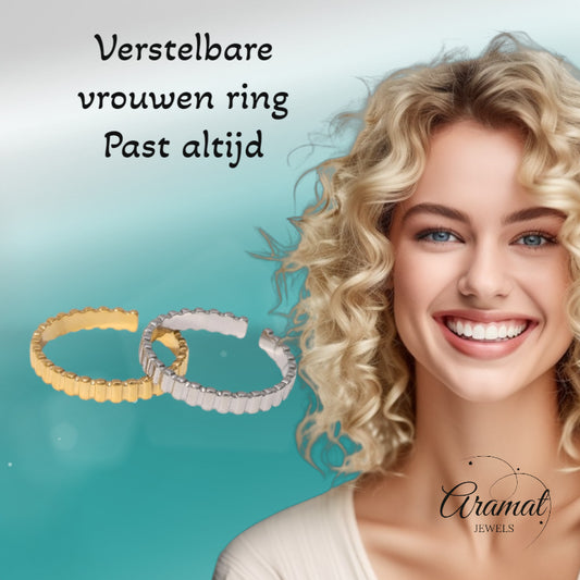 Verstelbare RVS Ring met Blokjes Motief - 3mm Breed