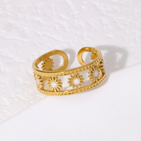 Verstelbare RVS Ring met Emaille Bloemen - Goudkleur (7 mm)