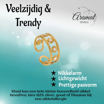 Verstelbare RVS Ring met Emaille Bloemen - Goudkleur (7 mm)