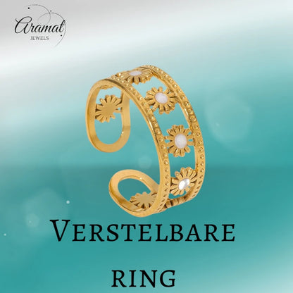 Verstelbare RVS Ring met Emaille Bloemen - Goudkleur (7 mm)