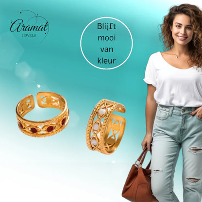 Goudkleurige Verstelbare RVS Ring met Emaille Boze Ogen - 7 mm