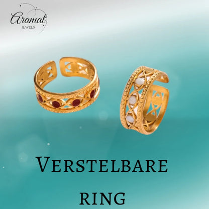 Goudkleurige Verstelbare RVS Ring met Emaille Boze Ogen - 7 mm