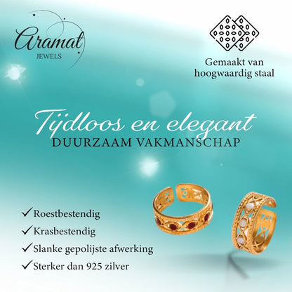 Goudkleurige Verstelbare RVS Ring met Emaille Boze Ogen - 7 mm