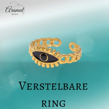 Goudkleurige Verstelbare RVS Ring met Zwart Emaille Boze Oog - 9 mm