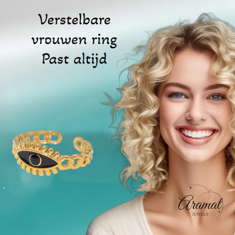 Goudkleurige Verstelbare RVS Ring met Zwart Emaille Boze Oog - 9 mm