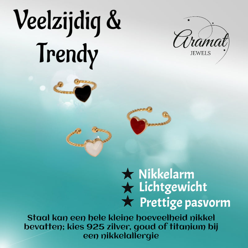 Verstelbare RVS Ring met Emaille Hartje - Goudkleur (8,5 mm)