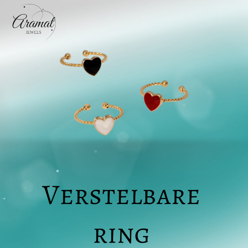 Verstelbare RVS Ring met Emaille Hartje - Goudkleur (8,5 mm)