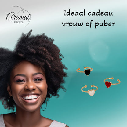 Verstelbare RVS Ring met Emaille Hartje - Goudkleur (8,5 mm)