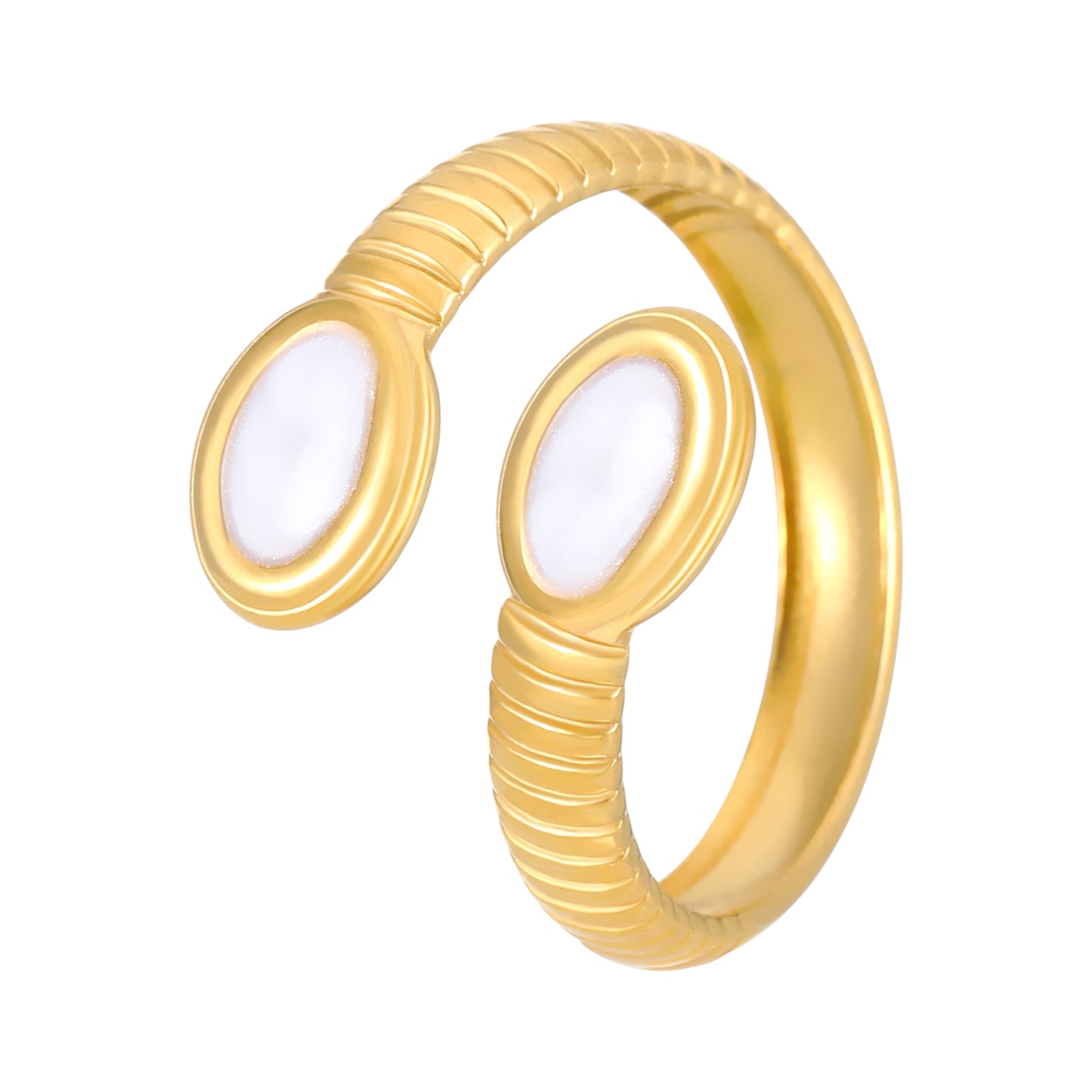 Verstelbare RVS Ring met Parelwitte Emaille Ovalen - Goudkleur (15 mm)