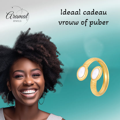 Verstelbare RVS Ring met Parelwitte Emaille Ovalen - Goudkleur (15 mm)