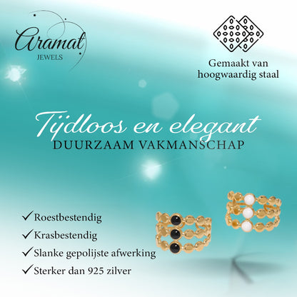 Brede Verstelbare Ring met 3 Emaille Cirkels - Goudkleurig RVS